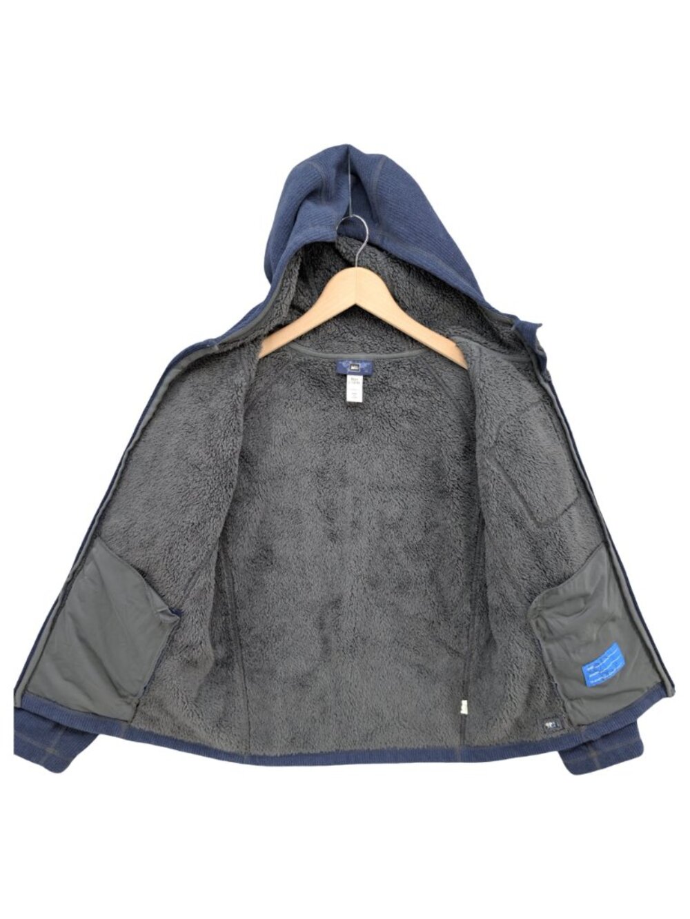 REI Hooded Jacket Boys Blue Fleece Lined Full Zip Pockets Size L 14-16 - Picture 3 of 9